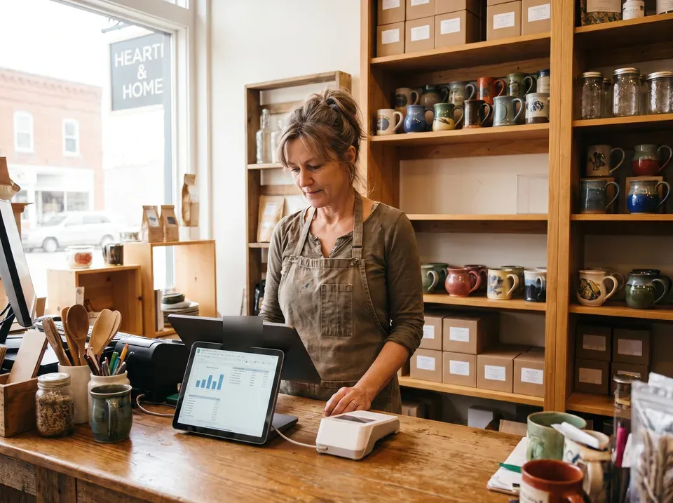 Store owner checking a reorder list on a tablet next to the checkout counter
