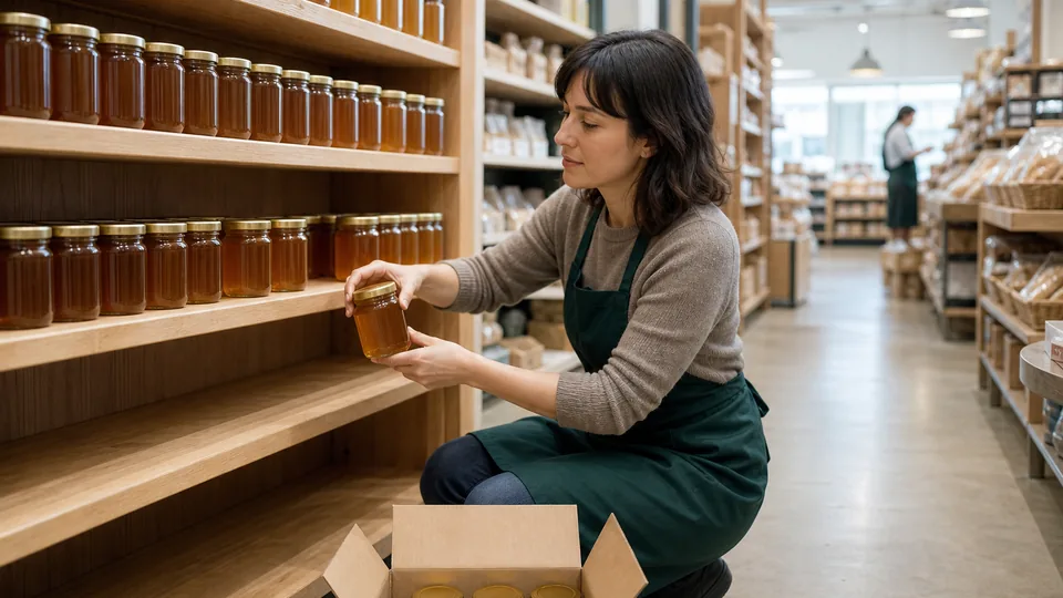 Store employee restocking a nearly empty shelf of jars from a fresh carton