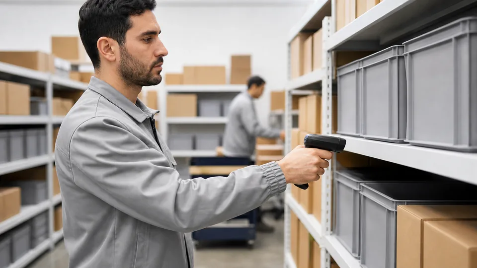 Warehouse lead scanning a shelf bin with a handheld scanner in a bright stockroom