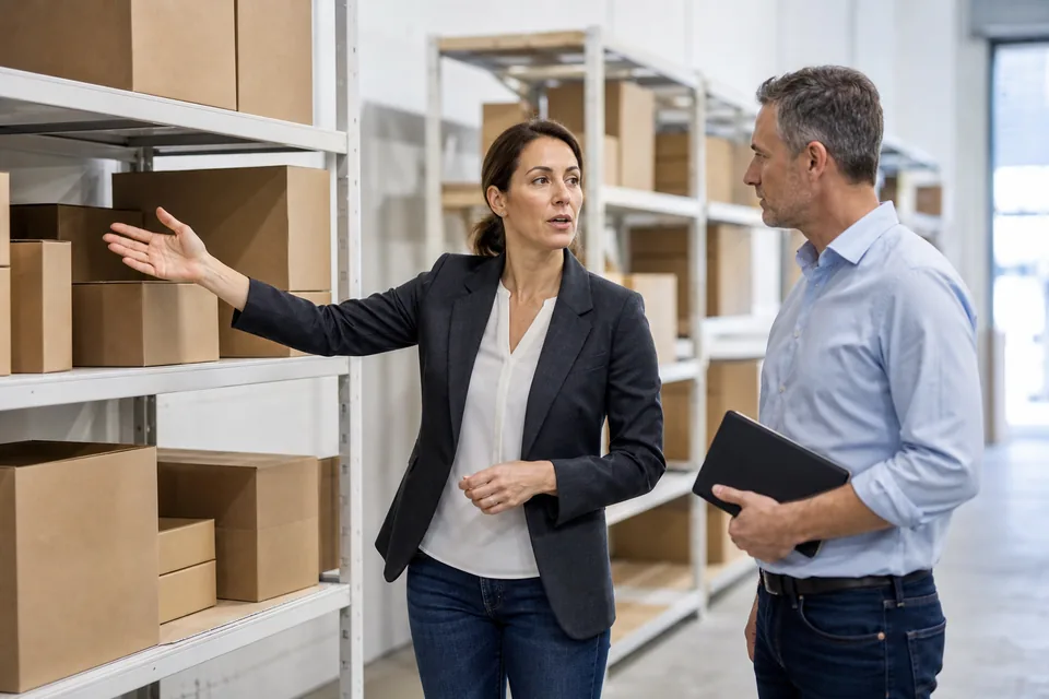 Operations director and finance lead talking through stock levels at the edge of the stockroom
