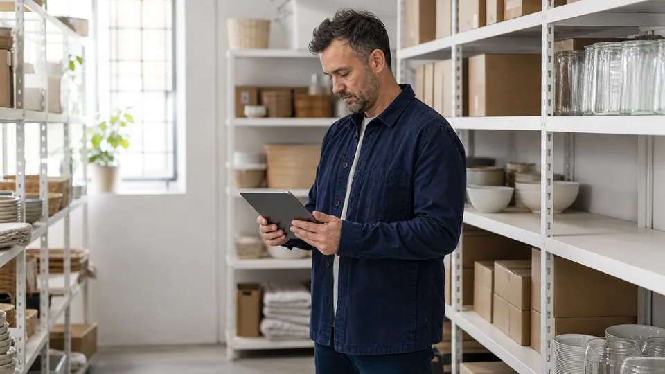 Stockroom manager checking shelf quantities against a list on a tablet