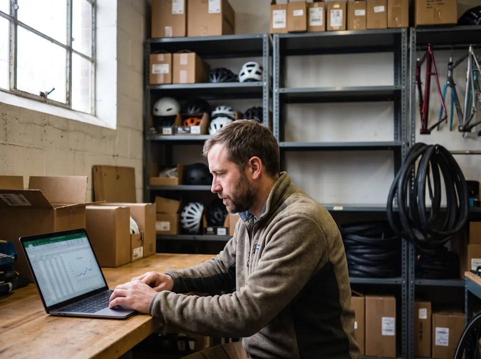 Bike shop manager reviewing a reorder list on a laptop in the stockroom
