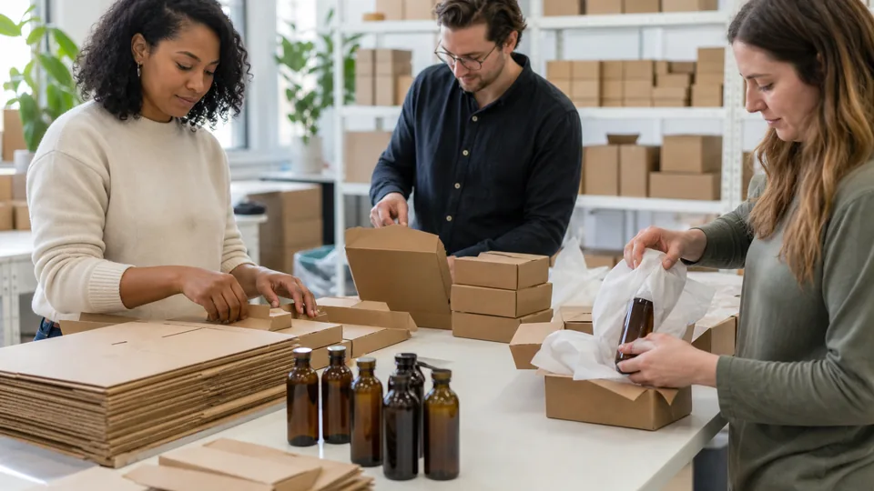 Small brand team packing customer orders at a long table in their stockroom
