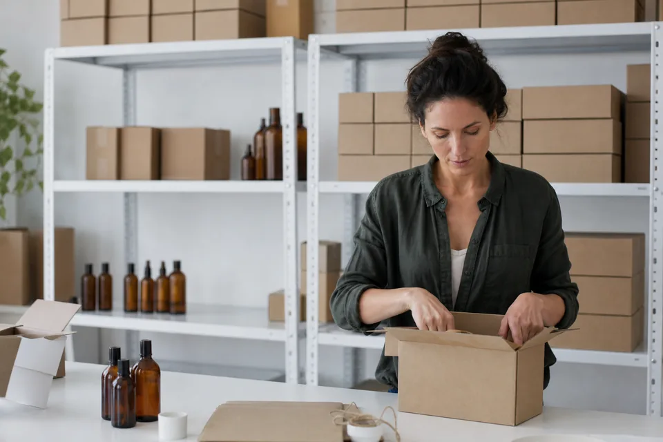 Stockroom shelves with boxes and bottles next to a packing table